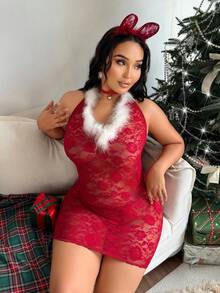 Fantasy Costume Set da 3 pezzi Costume natalizio sexy con vestito in pizzo e pelliccia a tema gatto, lingerie taglie forti