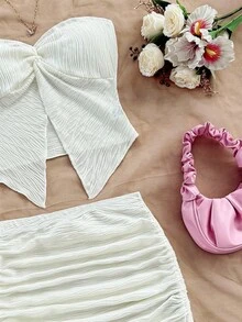 SHEIN 青少年女孩休闲简约舒适不对称下摆背心和编织 A 字裙套装 - 卡其色 - 查看 6