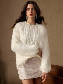 Anewsta Women's Elegant French Style Rhinestone Embellished Loose Fit Flattering Soft Sweater, Versatile & Age-Reducing, Winter Sweater, Christmas Sweater, White