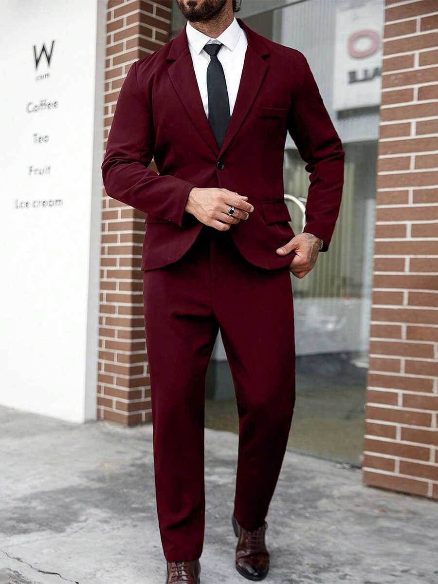 Manfinity Mode Conjunto de 2 piezas (Blazer y pantalones) para hombres talla grande, unicolor - Burdeos - Ver 1