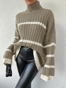 EURMUSE Maglione casual oversize da donna con collo alto a righe, maniche lunghe e spalle scoperte, adatto per l'autunno / inverno - Beige - Visualizzare 5
