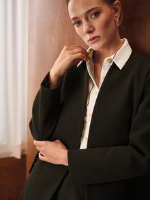 MOTF PREMIUM SIMPLE ELEGANT CONTRAST COLLAR BELTED OVERCOAT - Black - View 2