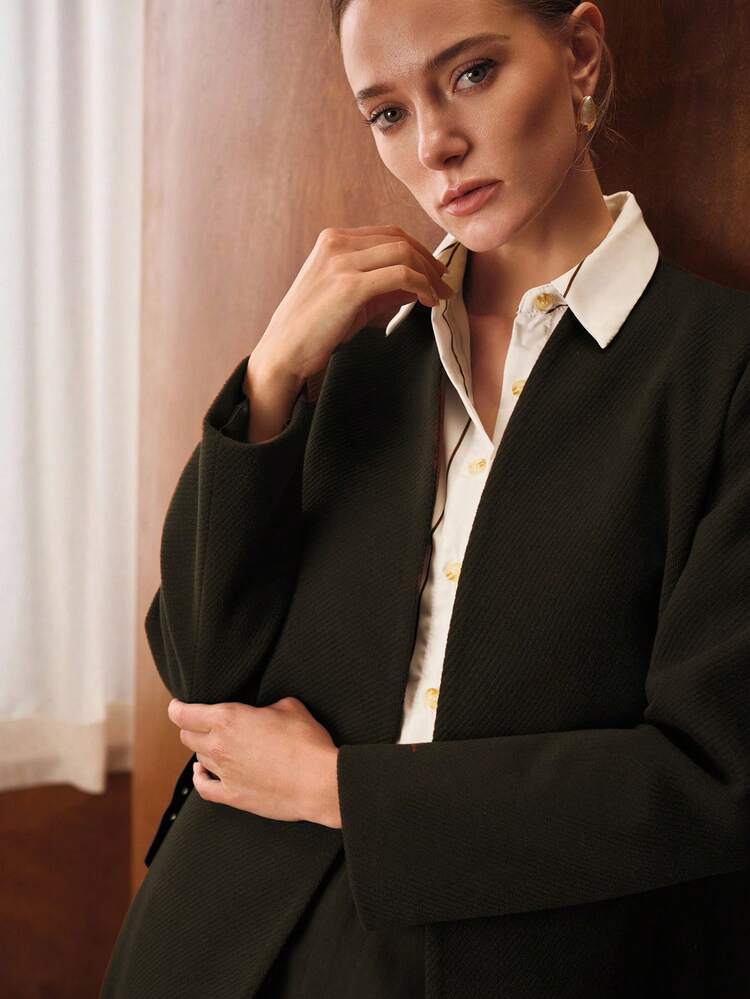 SIMPLE ELEGANT CONTRAST COLLAR BELTED OVERCOAT
