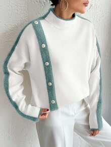 EURMUSE Casual Color Block Stand Collar Sweater, Autumn/Winter - Mint Green - View 4