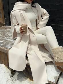 SHEIN EZwear 女士冬季双排扣长款大衣，带围巾设计，秋冬季奶油色大衣，舒适保暖 - 杏色 - 查看 4