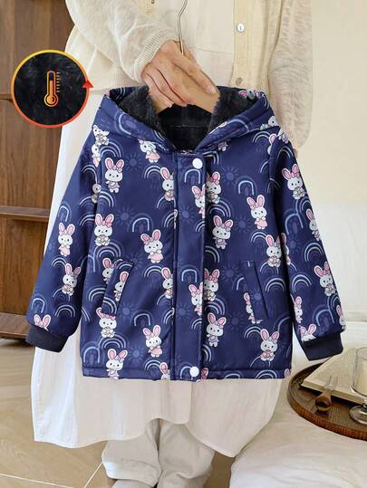 Elladie kids 返校少女卡通兔子印花连帽羊毛夹克，儿童秋冬甜美保暖外套，适合休闲外出、旅行和日常穿着