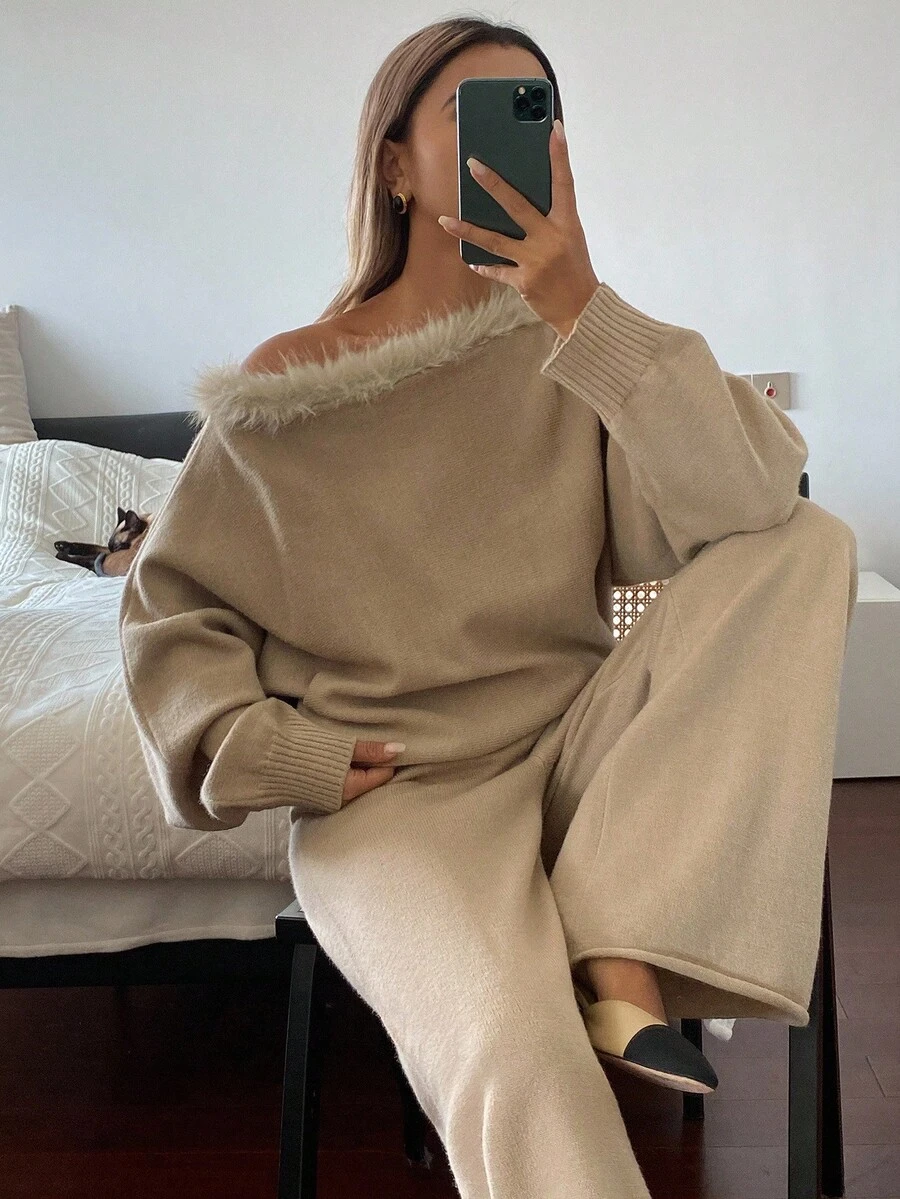 DAZY 女士休闲商务宽松针织毛衣和直筒裤两件套西装套装，优雅办公室通勤装，秋冬 - 咖啡棕 - 查看 1