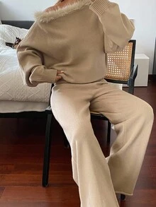 DAZY 女士休闲商务宽松针织毛衣和直筒裤两件套西装套装，优雅办公室通勤装，秋冬 - 咖啡棕 - 查看 6