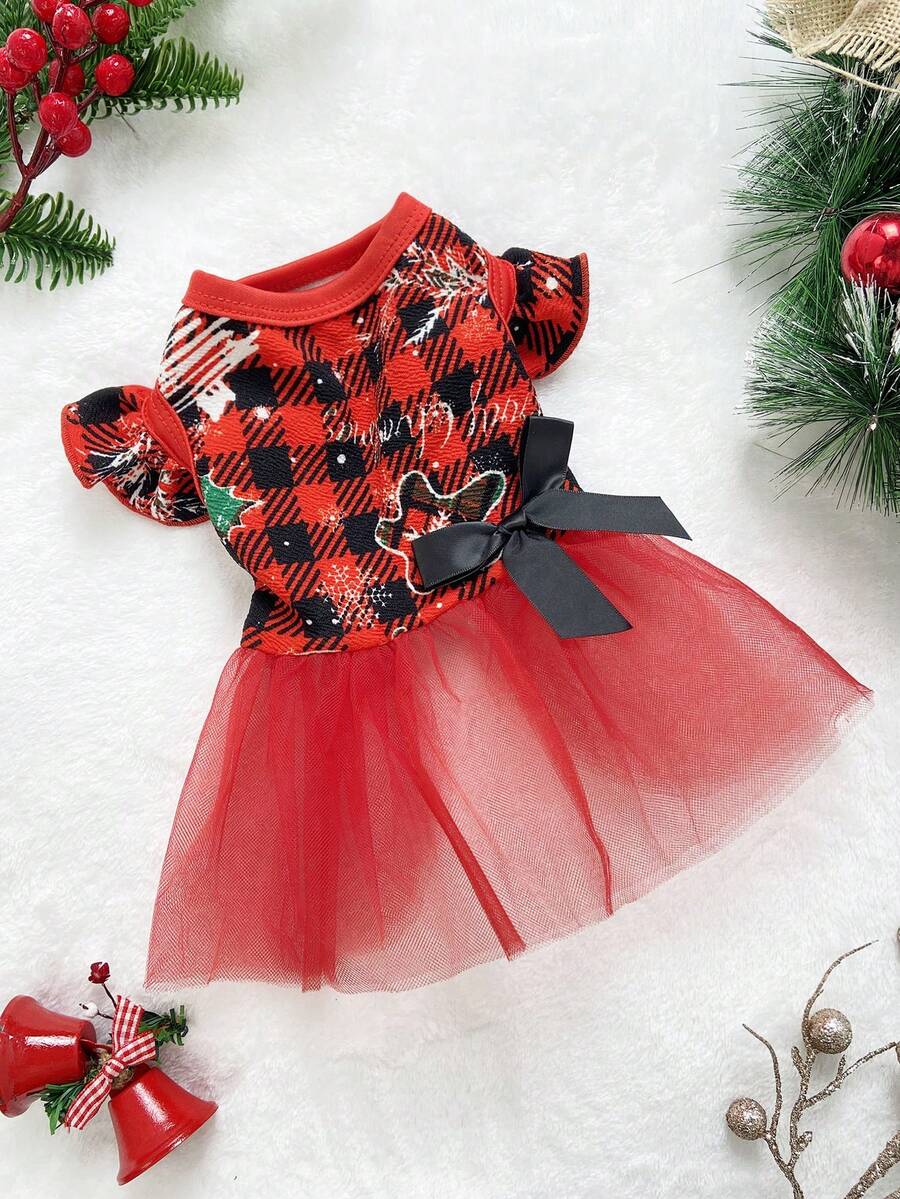 PETSIN Christmas Pet Dress With Mesh Fabric, Bow Tie And Red Black Plaid Pattern - Multicolor - View 1