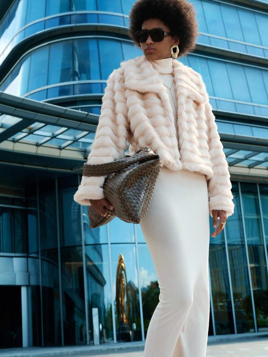 Lumivelle Oversized Collar Short Faux Fur Raccoon Jacket - Apricot - View 1