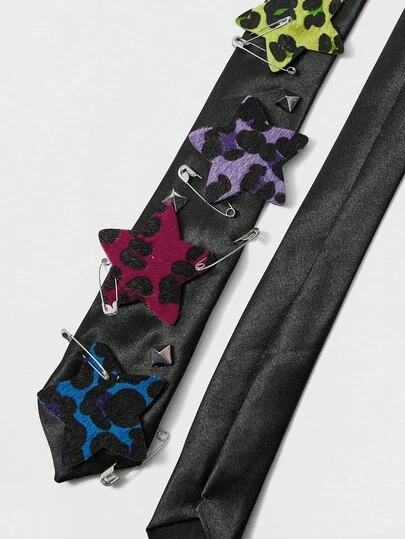 ROMWE Grunge Punk Punk Y2K Style Vintage Leopard Print & Star Brooch Pins, Unique Design Accessory Suitable For Music Festivals