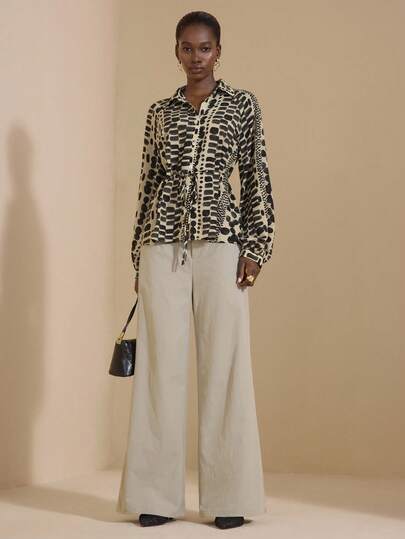 JIAN LASALA Camisa holgada casual con botones y cuello estampada con lunares todo sobre, prenda de vestir de otoño para mujer. Conjunto de ropa de estilo lujoso y elegante con estampado de animal, pantalones y top con estampado de vaca.