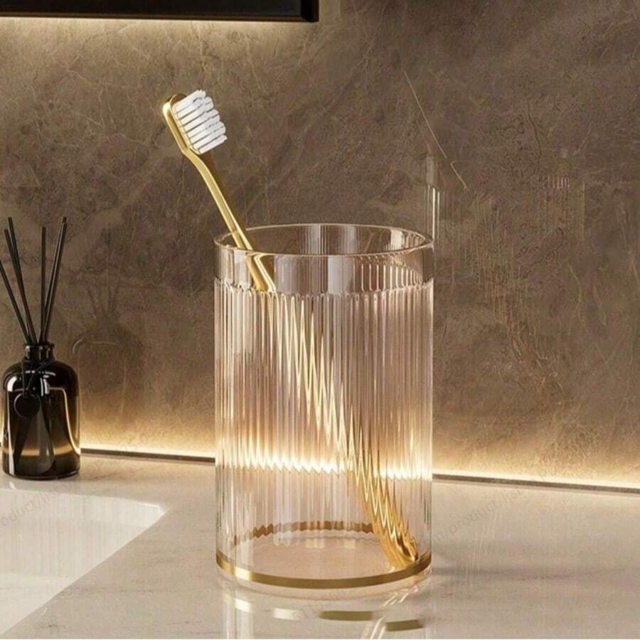 1pc Thick Transparent Plastic Toothbrush Holder Cup - Modern Ribbed Design Bathroom Mug, Suitable For Toothbrush And Accessories, Durable And Stylish, Bathroom Organization | Fashionable Toothbrush Holder | Transparent Plastic Structure - Multicolor - View 1