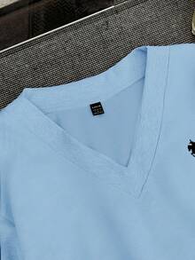 SHEIN EZwear 女士休闲花卉印花超大V领宽松运动衫，浅蓝色和深灰色，适合秋冬季 - 淺藍色 - 查看 5