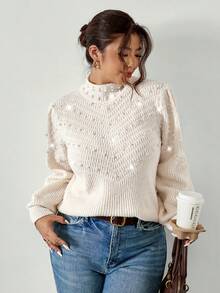 Firerie 加码高领仿珍珠串珠灯笼袖毛衣/立领长袖秋冬乳白色杏色串珠优雅浪漫毛衣/慵懒宽松学院风日常街头毛衣轻薄毛衣女式针织套头衫女式高领套头毛衣女式轻薄针织毛衣女式高领毛衣女式针织毛衣珍珠装饰毛衣 - 杏色 - 查看 6
