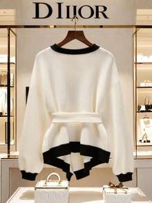 Franclia Nuevo suéter tipo cárdigan minimalista de diseño francés elegante para mujer, otoño/invierno - Blanco y Negro - Ver 2