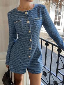 Siren Gaze Women's Blue Denim Jumpsuit, Elegant French Style Suit, Exquisite Jacquard Denim Material, Long Sleeve Sexy Jumpsuit #ChicAutumn Winter