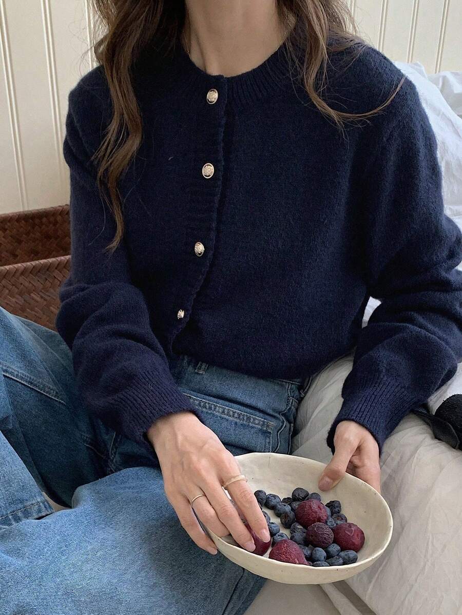 DAZY Teen Girl Casual Versatile Solid Color Front Button Sweater - Navy Blue - View 1