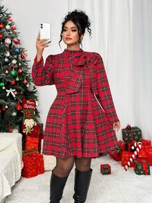 Elenzga Vestido mini de línea A con lazo y estampado de cuadros navideños para mujer de talla grande
