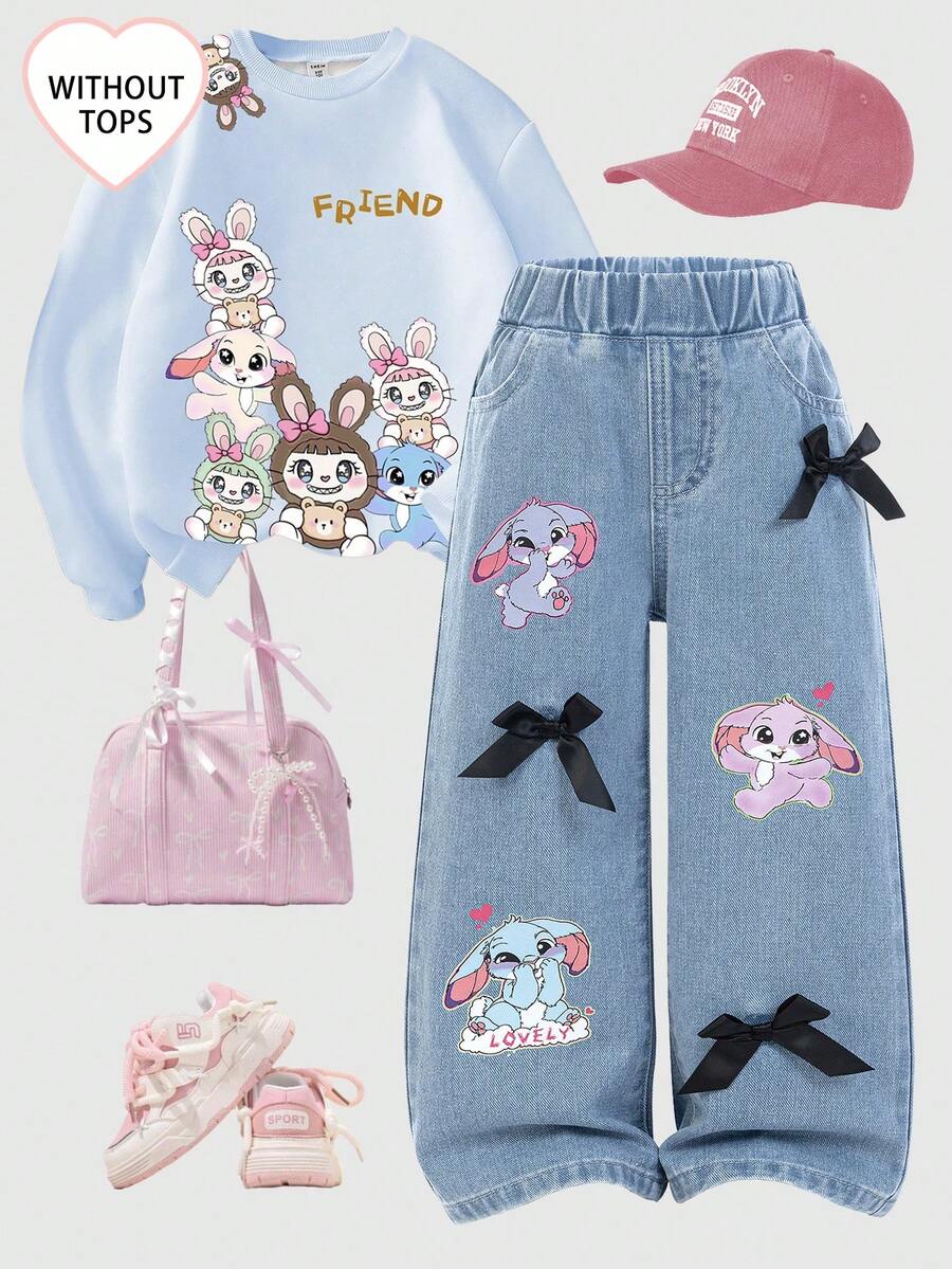 SHEIN ChillGRL Young Girls Casual Fashion Sweet Rabbit Print & Bowknot Design Mid-Blue Washed Straight Leg Jeans, Cute Girls Versatile Denim Item - Medium Wash - View 1