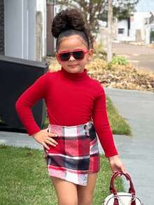 Firerie Kids Conjunto de camiseta de cuello redondo ajustada roja y falda mini a cuadros para niñas jóvenes NovaGlow, lindo y elegante, adecuado para fiestas y vacaciones