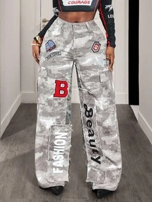 SHEIN BamGlam Women's Camouflage Patchwork Letter Print Wide Leg Cargo Jeans - Multicolor - View 3