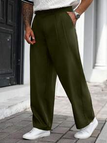 Manfinity CasualCool Plus Size Men Solid Color Pocket Straight Leg Loose Casual Pants, Fall