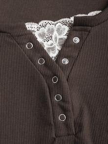 Sweetra Áo thun nữ tay dài màu trơn có viền ren và lỗ trang trí, cổ tay hở một nửa, mùa thu - màu nâu - Xem 4