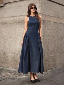 Selenza Women's Fashionable Elegant Hollow Pleated Puff Skirt Washed Casual Denim Dress - Dark Wash - View 6