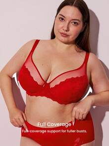 LUVLETTE 圣诞节和新年女士内衣休闲曲线透明全包覆支撑透气钢圈性感无衬垫显瘦蕾丝优雅网纱红色文胸新娘内衣