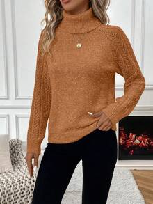 SHEIN Casual Raglan Sleeve High Neck Sweater, Autumn/Winter, Christmas - Brown - View 4