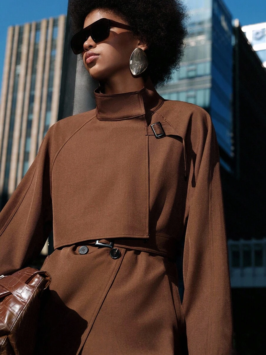 Lumivelle 女式休闲通勤插肩袖立领日间锁饰腰部长袖风衣，秋季