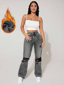 SHEIN PETITE 女士做旧时尚牛仔裤 - 灰色 - 查看 4