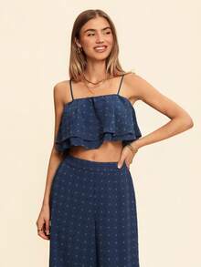 Coeurva Swiss Dot Casual Tank Top And Wide Leg Pants - Navy Blue - View 2