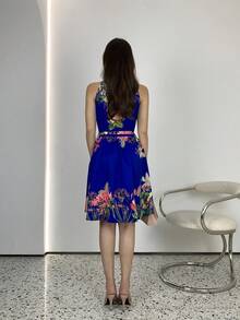 Lyxana Váy cổ yếm in hoa thanh lịch, mùa hè - Xanh đậm - Xem 2