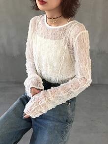 FRIFUL 女式修身蕾丝衬衫，圆领长袖，透明纹理面料，休闲百搭，适合度假、海滩