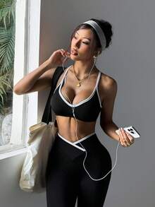 Dewbera Women's Contrast Trim Elastic Criss-Cross Back Sports Bra And Leggings Yoga Workout Set Active Two Piece Set Activewear Set Workout Legging Two Piece Set Seamless Workout Set Bra And Leggings Set Curve Activewear Set Gym Two Piece Set Yoga Two Piece Set Sporty Two Piece Set - Black - View 2