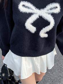 SHEIN Teen Girls' Loose Fit Bowknot Crew Neck Long Sleeve Sweater, Autumn/Winter