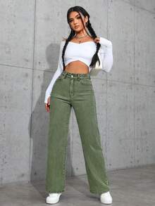 Jeanoix 休闲水洗高腰直筒牛仔裤