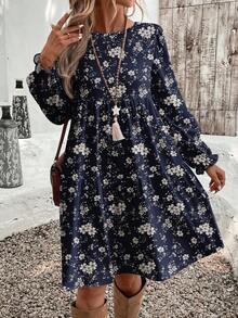 EMERY ROSE Casual Minimalist Ditsy Floral Pattern Loose Fit Round Neck Plus Size Dress, Suitable For Autumn/Winter - Navy Blue - View 3