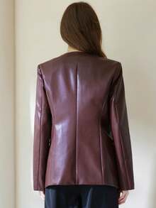 Aveloria Modichic Jaket Blazer Double-Breasted Longgar dari Kulit PU yang Elegan, Melangsingkan dan Bergaya - Burgundy - View 2