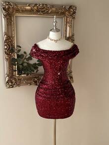 Lovelzi Elegant, Romantic, Fashionable, Sexy, Shiny, Charming, Dark Red, Sequined Fabric, Tight Dress, Suitable For Nightclubs, Parties, Vacations, Cocktail Parties, Birthday Parties, Afternoon Tea Wear, Cocktail Dresses