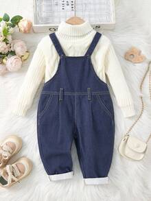 SHEIN Little Byeori 女婴纯色图案牛仔宽松翻边工装裤 - 深色水洗藍 - 查看 10