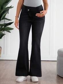 SHEIN 孕妇装秋季秋冬万圣节圣诞节新年纯色通勤度假 Ravel Old Money 风格优雅休闲喇叭裤女式黑色高腰喇叭牛仔裤时尚不对称纽扣设计喇叭裤牛仔裤别致黑色喇叭牛仔裤女式高腰独特不对称纽扣开合喇叭裤 - 黑色 - 查看 2