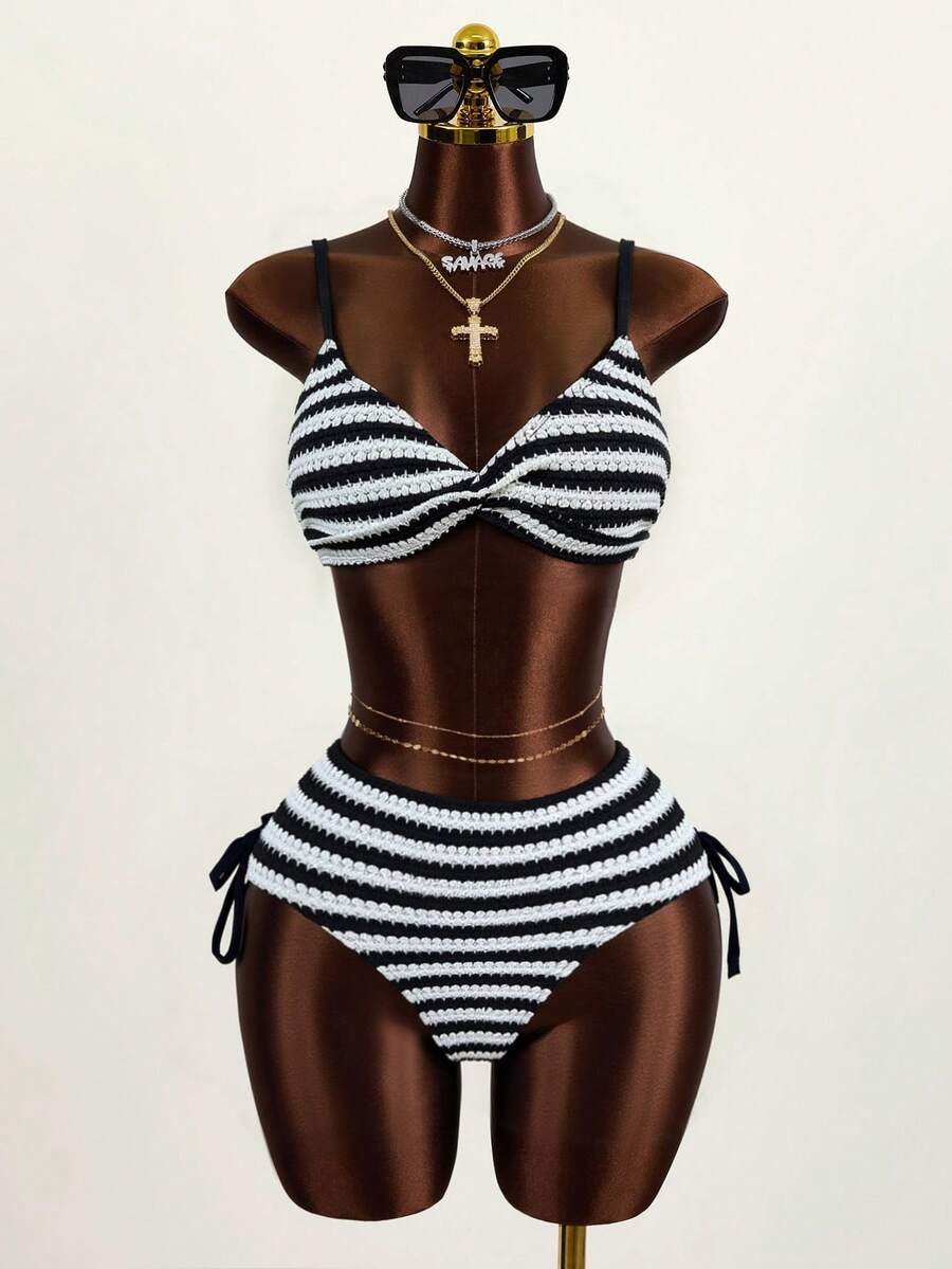 Swim Basics Women's Jacquard Fabric Twist Knot V-Neck Tie Bikini Set, Sexy Beach Vacation - Black and White - View 1