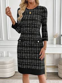 Miaspire 大码女式格子圆领 3/4 袖纽扣设计休闲连衣裙 - 黑色 - 查看 4