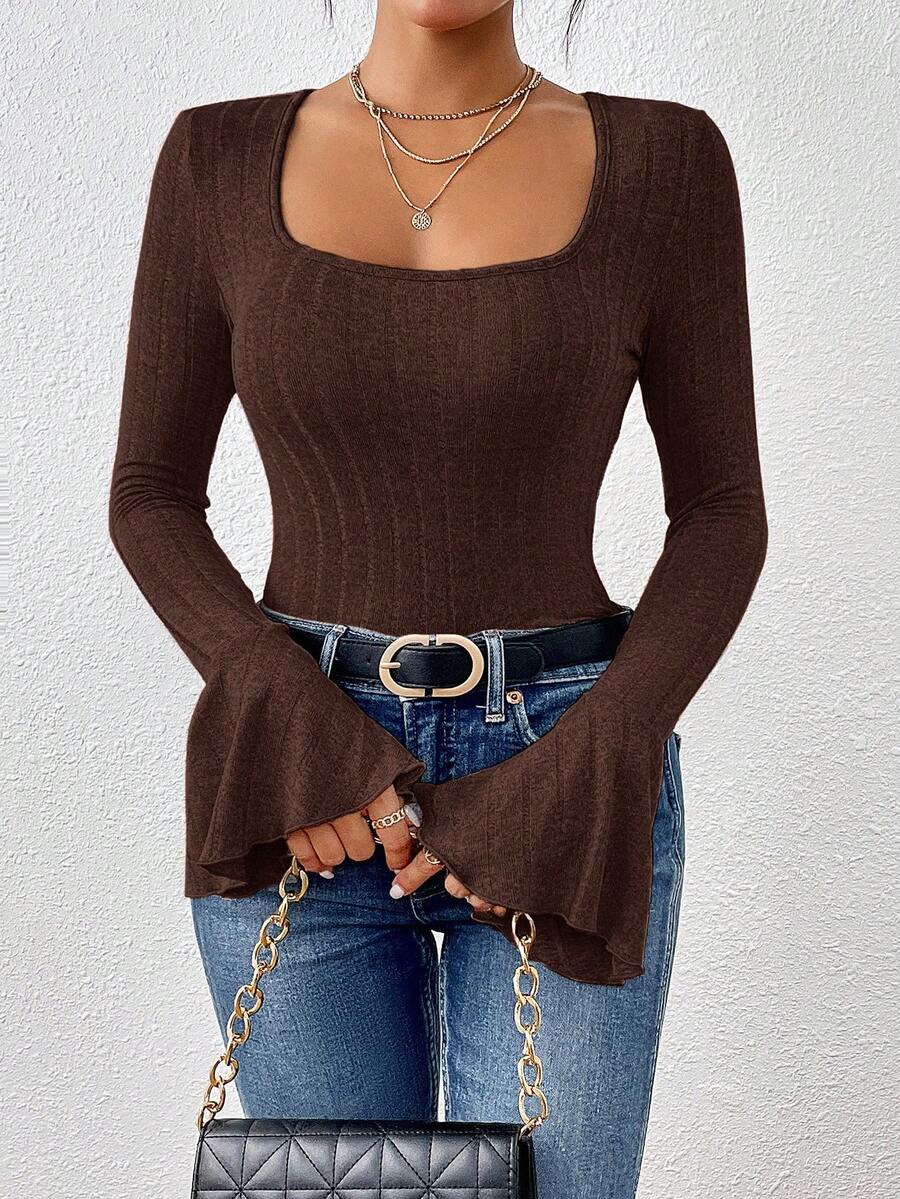 SHEIN Essnce 女式纯色方领喇叭袖罗纹修身T恤 - 咖啡棕 - 查看 1