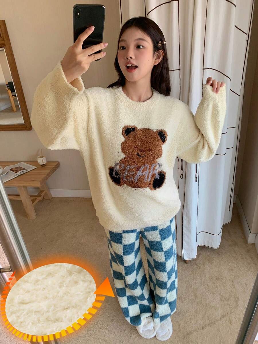 DAZY 女士小熊英文印花宽松针织长袖上衣和裤子两件套睡衣，秋冬季保暖内衬，舒适保暖，蓬松柔软 - 白色 - 查看 1