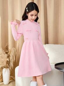 SHEIN Tween Girl Elegant Solid Color Bow Decor Knit Dress - Pink - View 5