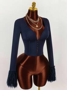 Amplova Y2K Amplova Women's Solid Color V-Neck Elegant Minimalist Everyday Metal Button Decor Fringed Long Sleeve Fitted Jacket Navy Blue Autumn Winter Clothes For Women